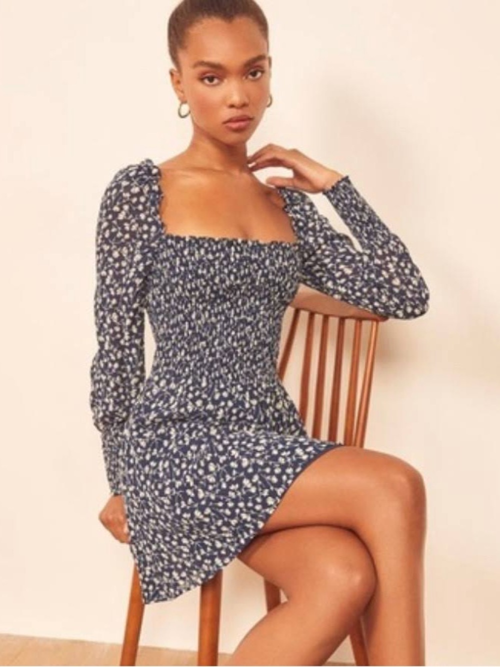 REFORMATION Kelli Smocked Navy Floral Mini Dress Size S Square Neck Longsleeves